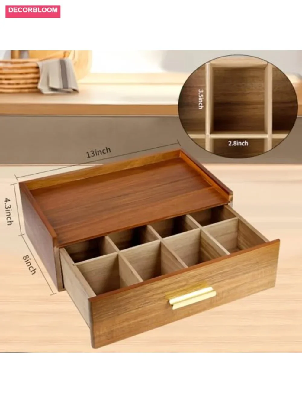 Acacia Wood Tea Bag Organizer with Storage Drawer